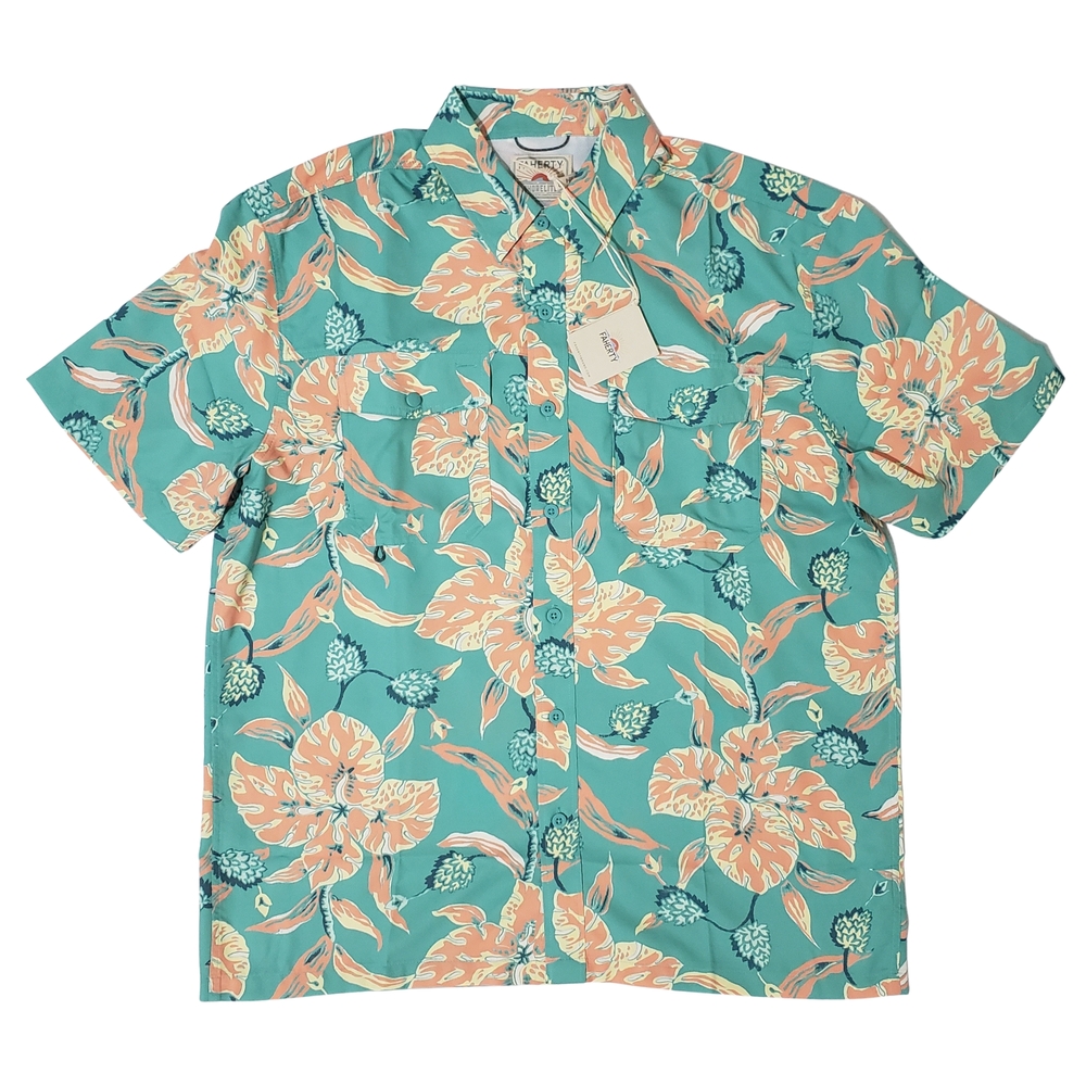 Faherty Button Down Shirt Shorelite Air Short Sleeve Large Teal Ventilated Back
